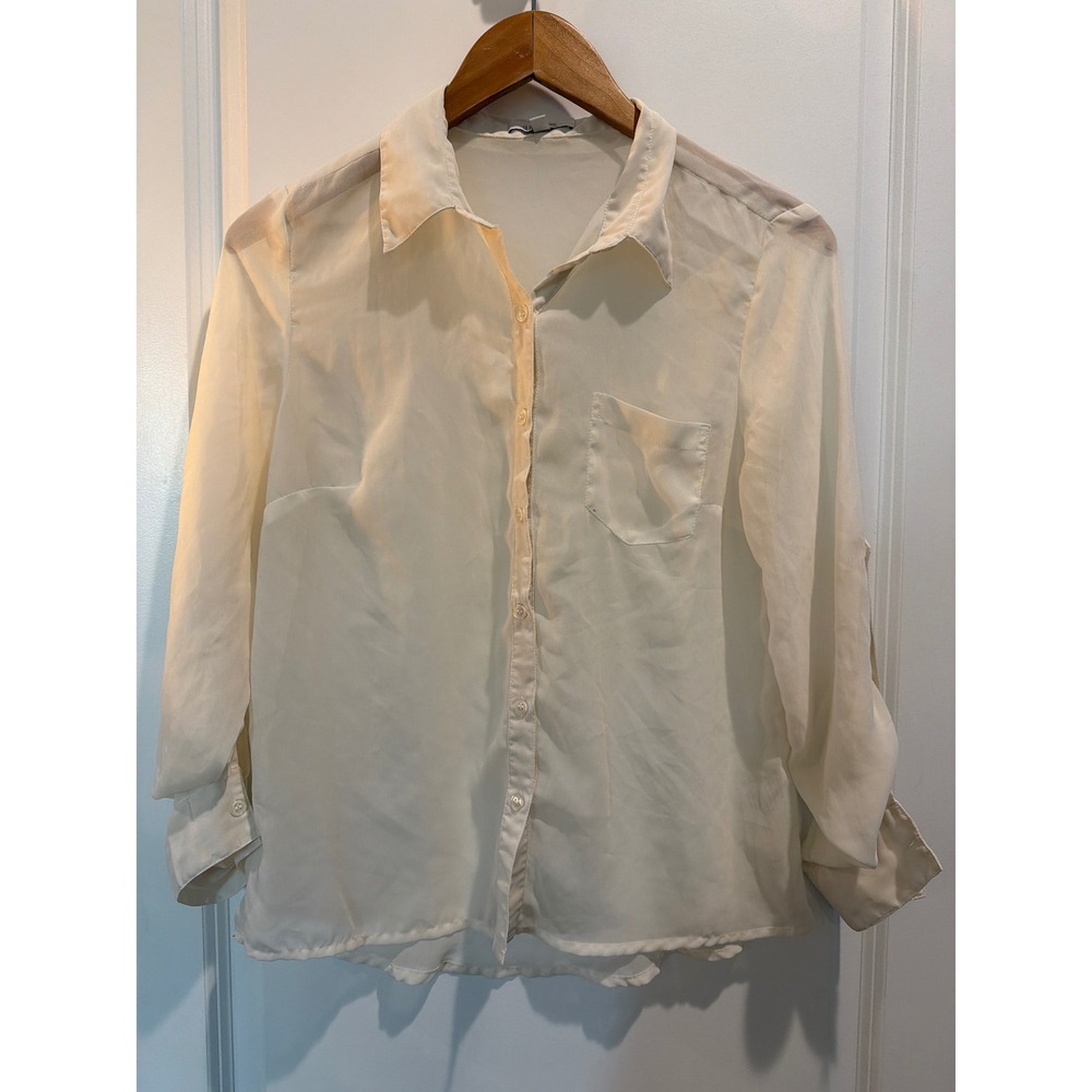 Delias Cream Button Down Shirt Y2K Long Sleeve Roll Tab Blouse Ivory M1071 M
